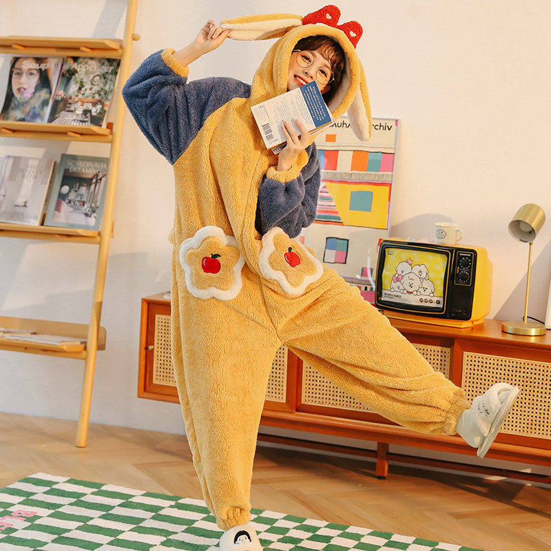 连体秋冬季加绒珊瑚绒可爱网红睡衣 戴蜜睡衣/家居服套装