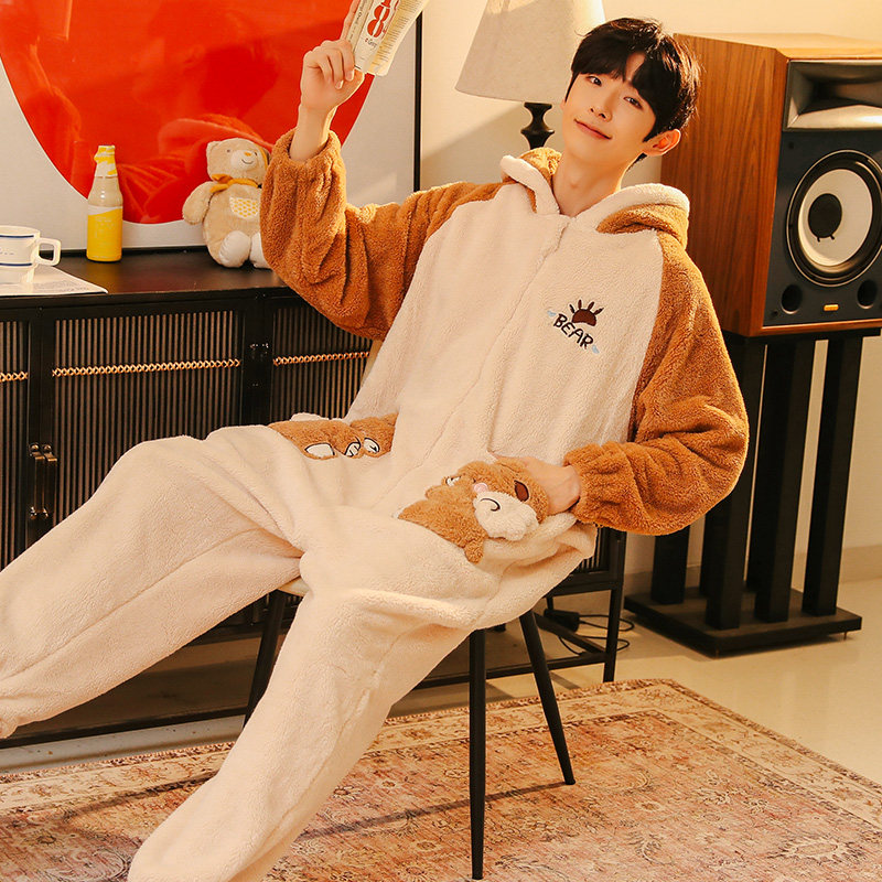 男士冬款珊瑚绒加厚加绒卡通睡衣 戴蜜睡衣/家居服套装