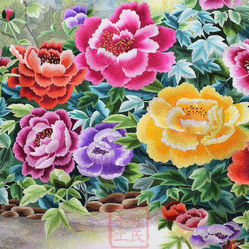 112*202顾氏手工刺绣牡丹花开 盛世牡丹图 大幅苏绣成品客厅挂画 - 图1