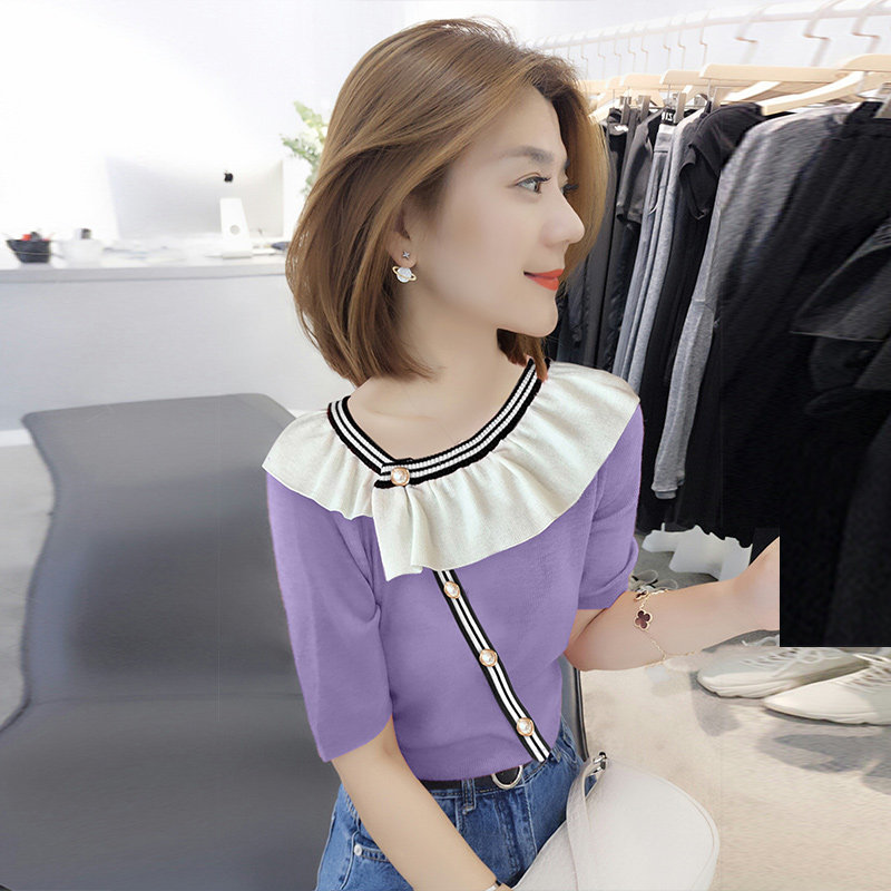 欧洲站2020紫色洋气荷叶领t恤上衣 梵莉思女装T恤