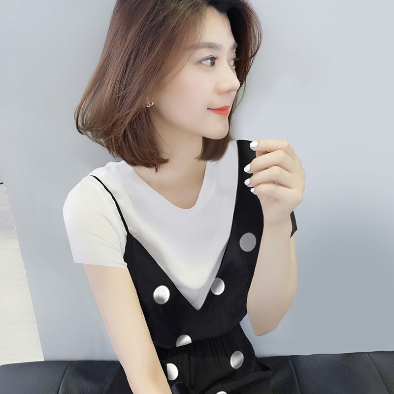 短袖2020假两件雪纺波点中长款裙子 梵莉思女装连衣裙