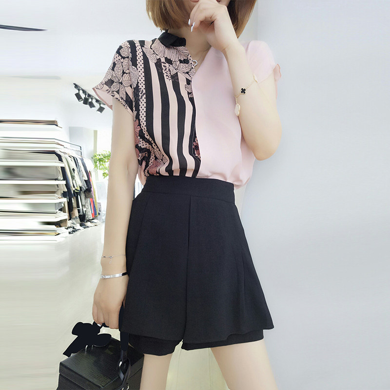 欧洲站夏装2020新款复古短袖t拼接 梵莉思女装衬衫