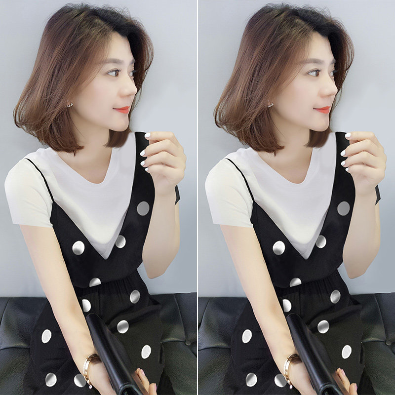 短袖2020假两件雪纺波点中长款裙子 梵莉思女装连衣裙