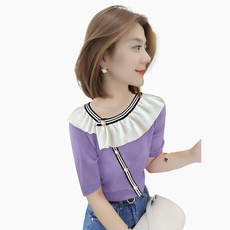 欧洲站2020紫色洋气荷叶领t恤上衣 梵莉思女装T恤