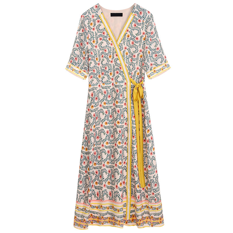 欧洲站2020印花雪纺连衣裙系带收腰 梵莉思女装连衣裙