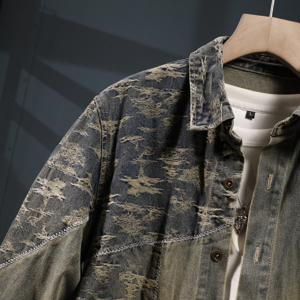 牛仔衬衫男士2025秋冬新款高端提花复古水洗翻领休闲长袖衬衣外套,淘宝优惠券,粉丝福利购,淘宝优惠卷