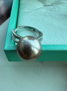 土金 天然爱迪生珍珠正圆无暇925银戒指