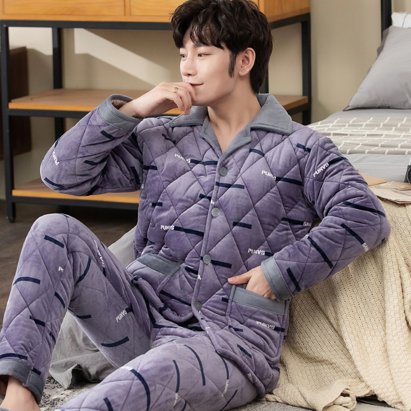 男士冬季珊瑚绒加绒三层夹棉睡衣 丰腾世家睡衣/家居服套装