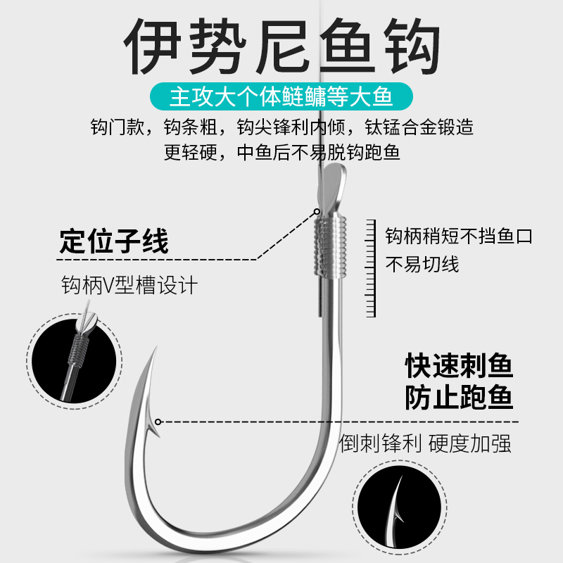 大力马子线双钩大物青鱼手杆浮钓鲢鳙鱼钩大全成品套装全套伊势尼 - 图2
