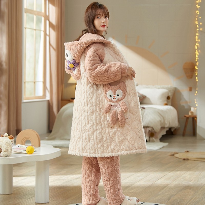 珊瑚绒睡袍女秋冬季款加厚加绒三层夹棉睡衣长款法兰绒家居服套装,淘宝优惠券,粉丝福利购,淘宝优惠卷