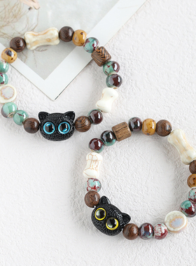 呆萌可爱卡通猫咪手链景德镇陶瓷手串女文艺情侣手绳瓷珠学生手饰