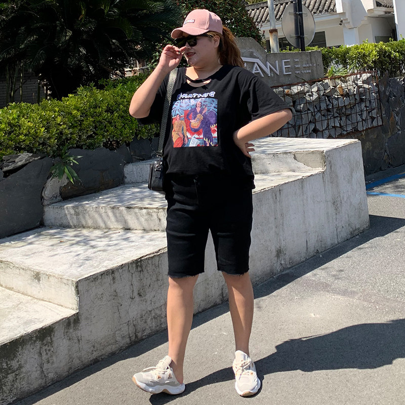 夏季黑色短裤胖mm紧身五分裤牛仔裤 婀妮芭芭牛仔裤