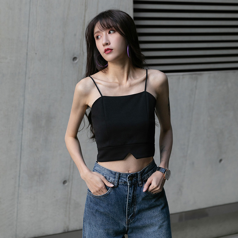 黑色吊带背心女夏季v领露脐上衣 乐镇背心吊带