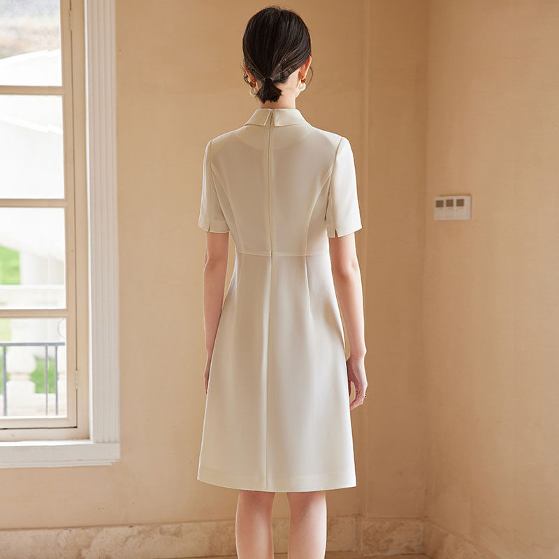 高端主持人米白色连衣裙中式盘扣夏季比赛演讲小香风百搭正装礼服,淘宝优惠券,粉丝福利购,淘宝优惠卷