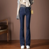 Мегафон, утепленные мягкие джинсы, демисезонные штаны, эластичные штаны-клёш, высокая талия, по фигуре, облегающий крой