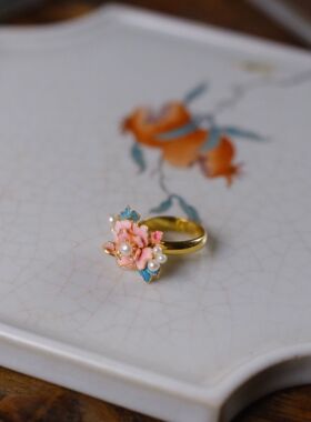鎏金仿点翠花丝烧牡丹花戒指匠心锻造纯手工制作传统文艺复古风格