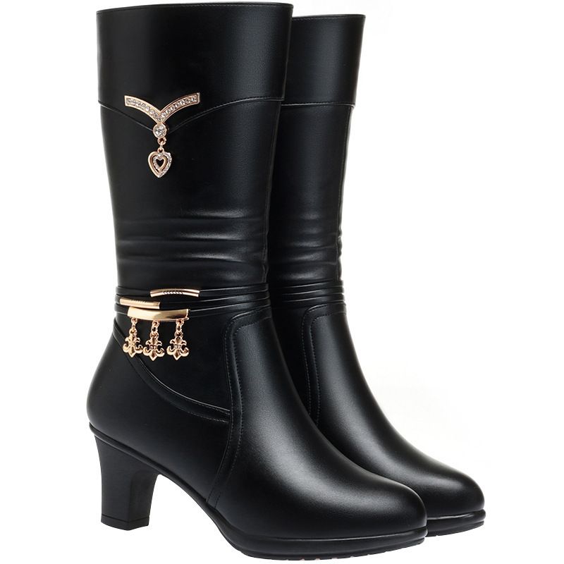 靴子女2025新款秋冬妈妈中筒靴软皮棉靴女士中靴中跟舒适皮靴 - 图3