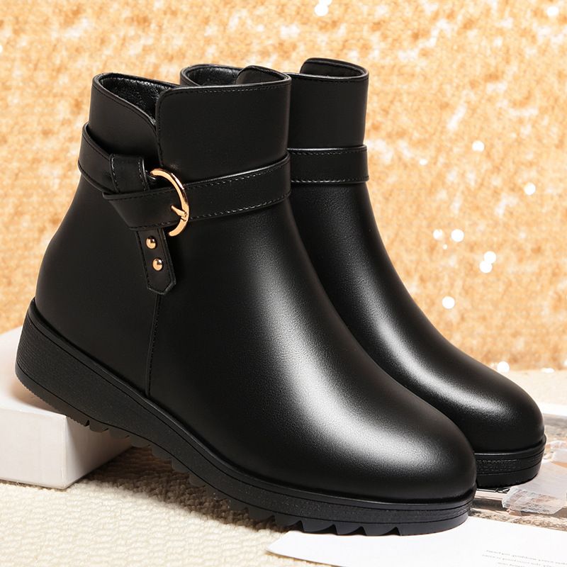 简约高级冬季新款短靴女加厚保暖女靴粗跟软底中老年妈妈棉鞋 - 图1