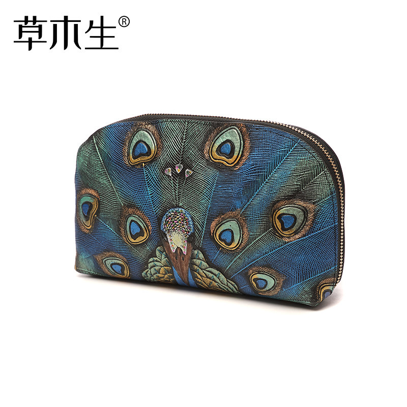 中国风真皮手拿包女士印花斜挎小包 草木生箱包女士包袋