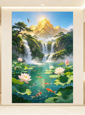 中式山水自粘防水聚财客厅玄关画