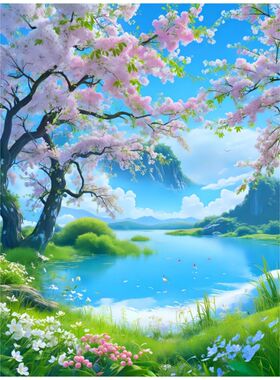 唯美桃花流水风景自粘贴画客厅卧室玄关装饰自粘贴纸防水墙贴