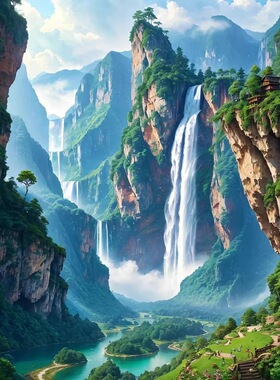 瀑布山水风景自粘画客厅玄关走廊贴纸流水生财墙面防水墙贴装饰画