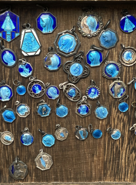 Vintage欧洲19s古董蓝釉珐琅纯银质人脸神像复古古币圆牌坠双面饰