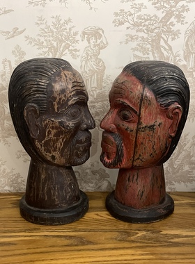 vintage泰国古董店淘实心老木雕彩绘中古复古人头像摆件家居装饰