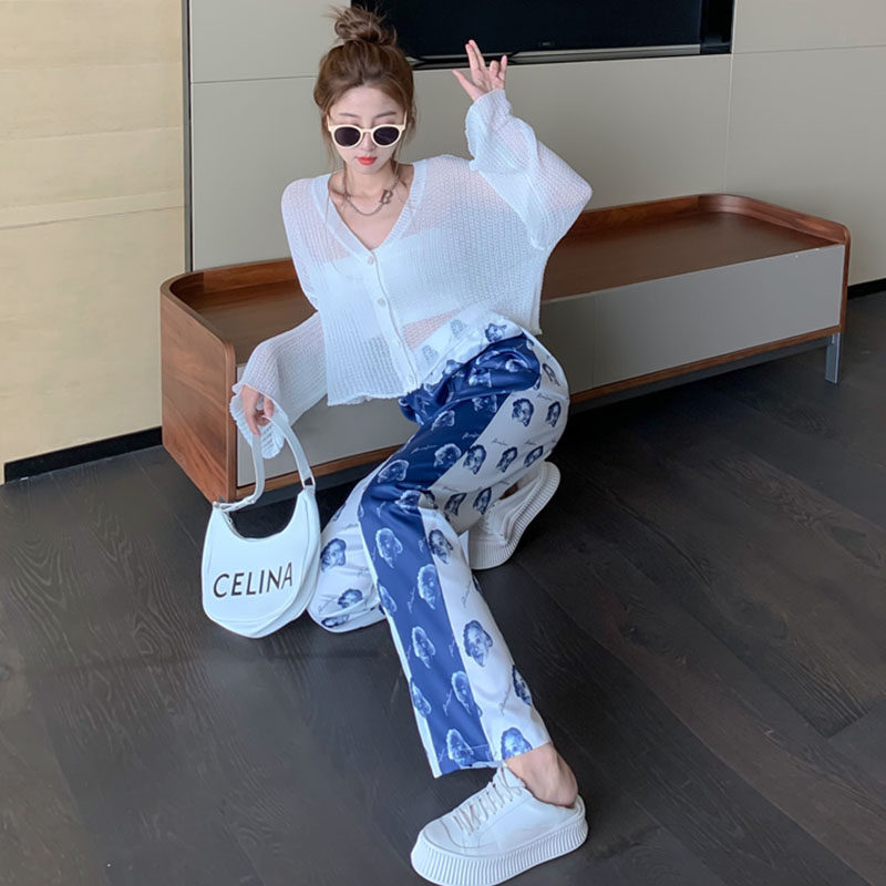 女夏镂空宽松防晒罩衫印花针织衫 宝媞奴时尚套装