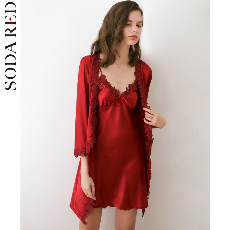 春秋季性感冰丝红色结婚婚礼晨袍 苏打红睡袍/浴袍