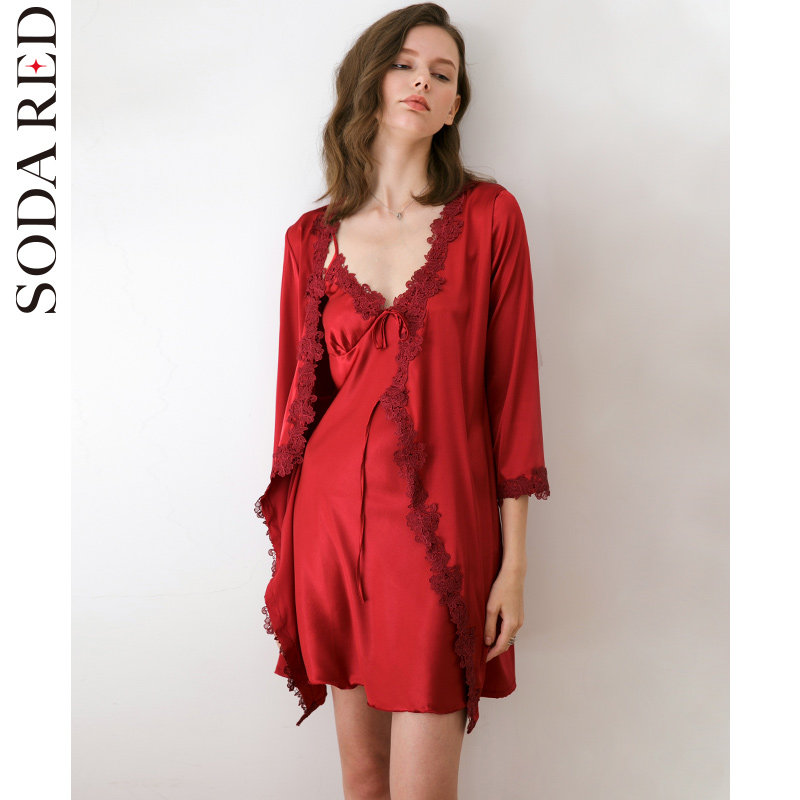 春秋季性感冰丝红色结婚婚礼晨袍 苏打红睡袍/浴袍