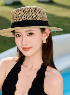 轻奢咸草编平顶遮阳防晒礼帽女