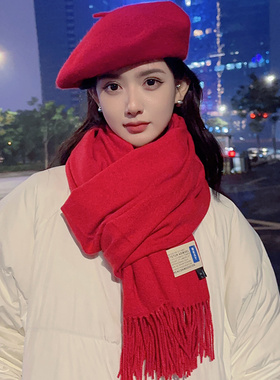红色围巾女冬季加厚款保暖格