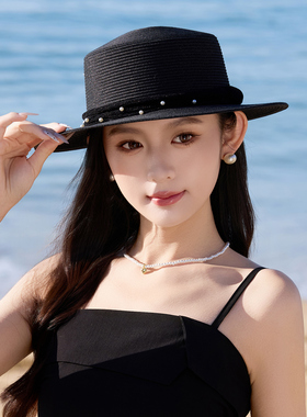 法式轻奢草编平顶遮阳防晒礼帽女