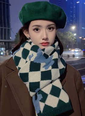 红色围巾女冬季加厚保暖格子