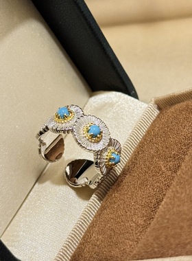 新款布契风小雏菊戒指通体925纯银花朵开口女戒蓝松石设计师款