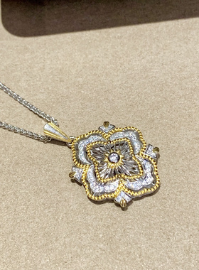 新款布契风歌剧院蕾丝复古菱形项链通体925纯银拉丝镂空四叶草