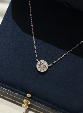 天然白贝母罗盘八芒星项链通体925纯银圆形小巧锁骨链女气质优雅