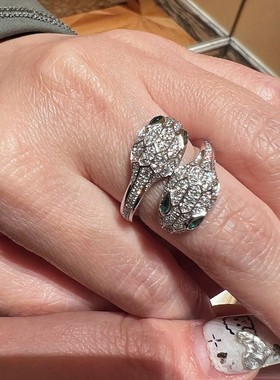 925纯银蛇形戒指绿眼睛蛇头交叉可调节女戒不掉色时尚个性首饰女