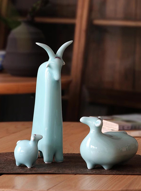 景德镇手工影青瓷生肖陶瓷羊摆件招财办公桌书柜客厅装饰家居摆设