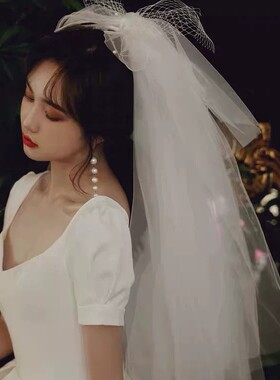 法式风白色新娘头纱多层蓬蓬蝴蝶结结婚领证婚纱头饰领证求婚道具