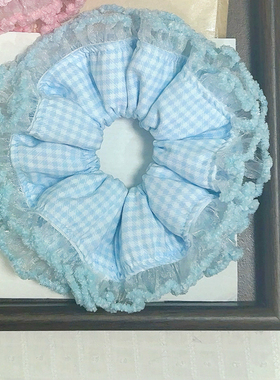 重工手作蓝粉格子花边双层大肠发圈甜美芭蕾风发绳新款儿童少女心