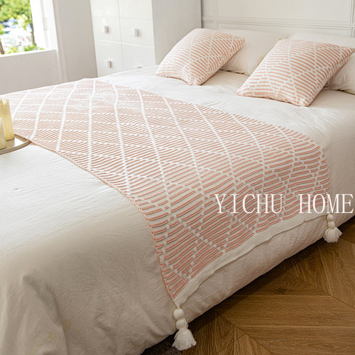 床尾巾奶油风网红酒店床旗针织流苏高档民宿简约床盖新中式搭巾 - 图1