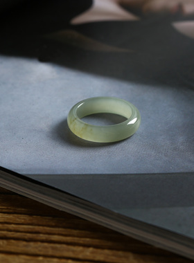 16号戒指 新疆和田玉糖料糖青玉圆弧素圈指环 2867