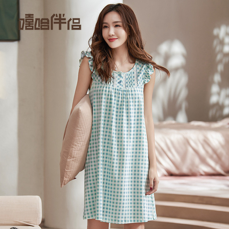 女士纯棉格子无袖睡裙可外穿连衣裙 嘻哈伴侣睡裙