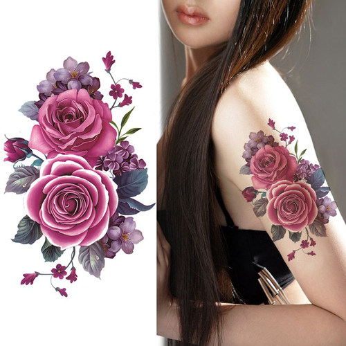 彩色牡丹花纹身贴纸防水女持久性感腿仿真肚子剖腹产遮疤痕彩绘贴 - 图0
