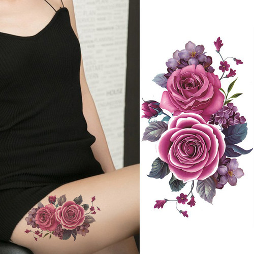彩色牡丹花纹身贴纸防水女持久性感腿仿真肚子剖腹产遮疤痕彩绘贴 - 图2