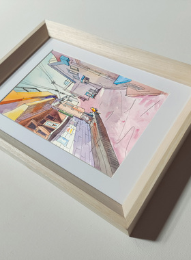纯手绘钢笔淡彩水彩画温馨卧室挂画新居装饰送礼品二次元古镇风景