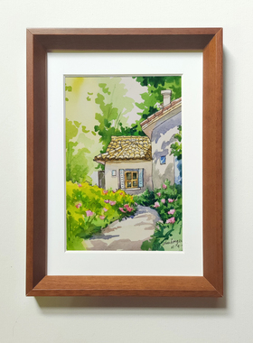 纯手绘钢笔淡彩水彩画风景画定制