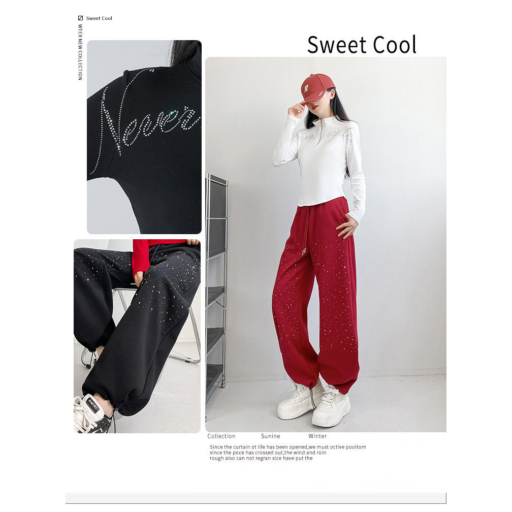 网红美式简约风半拉链烫钻字母广场舞上衣女修身休闲运动长袖t恤,淘宝优惠券,粉丝福利购,淘宝优惠卷